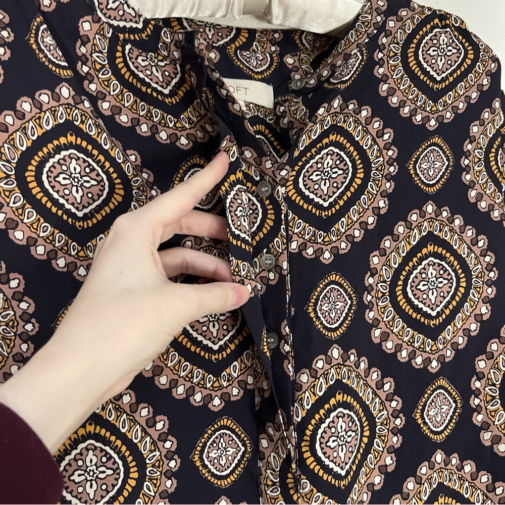 Loft Navy Blue Dress Geometric Medallion Long Sleeve Drop Waist Bohemian Sz S - Picture 8 of 14